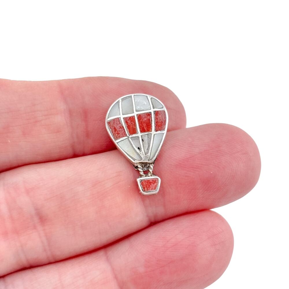 Vintage Sterling Silver 925 Coral MOP Inlay Hot Air Balloon Lapel Pin